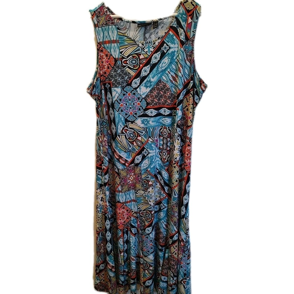 Attitudes by Renee Geometric Blue Jersey Tank Long Dress 2X A353267‎ Lagenlook